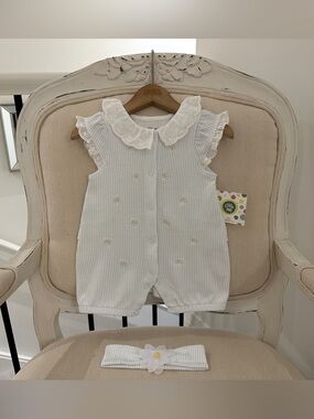 🦢 12 Mth 100% Cotton Baby Girl White Eyelet Trim Romper with Daisy Embroidery